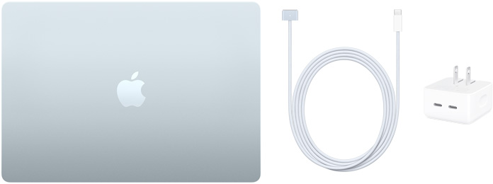 Un MacBook Air 15 pouces, un câble USB-C vers MagSafe 3 et un adaptateur d’alimentation compact 35 watts double port USB-C