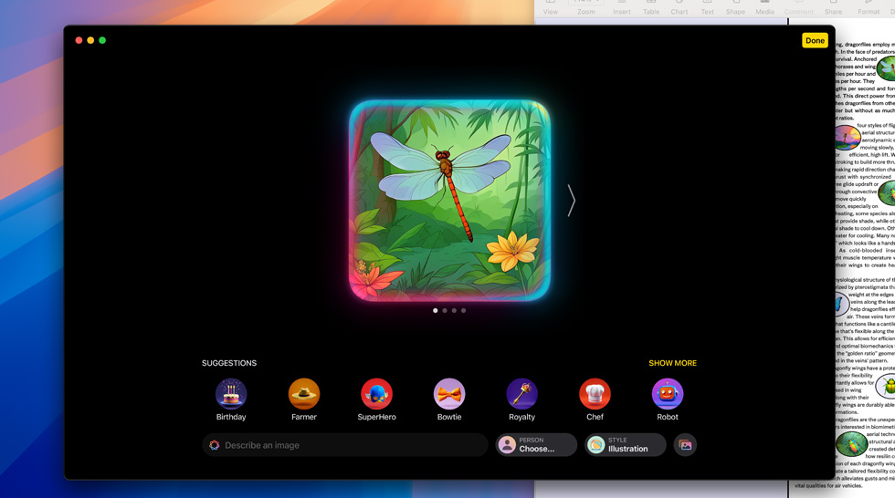 Generierung des Bildes einer Libelle in Apple Intelligence Image Playground