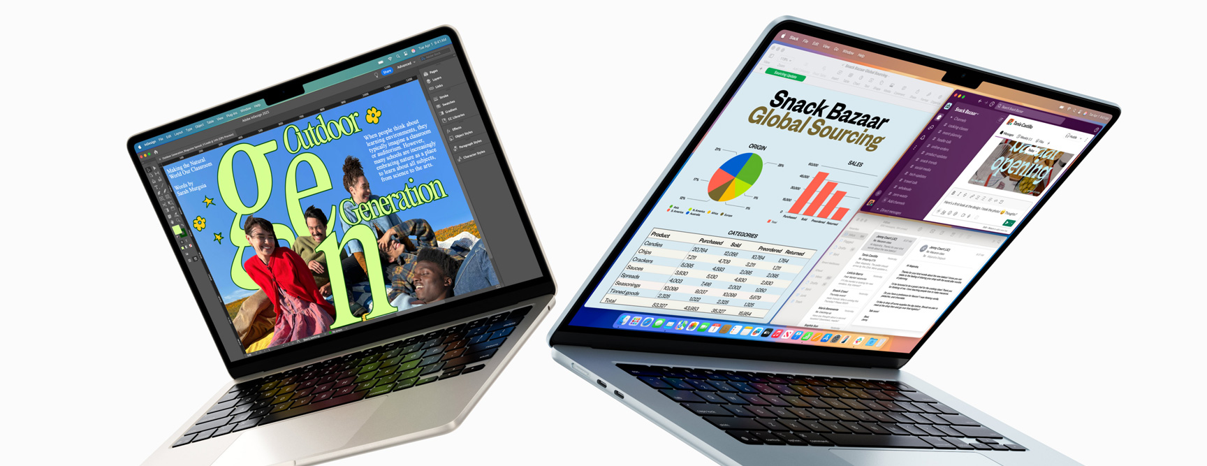 Partially open 13-inch and 15-inch MacBook Air — one screen shows design work in progress, the other shows multitasking across email and spreadsheets