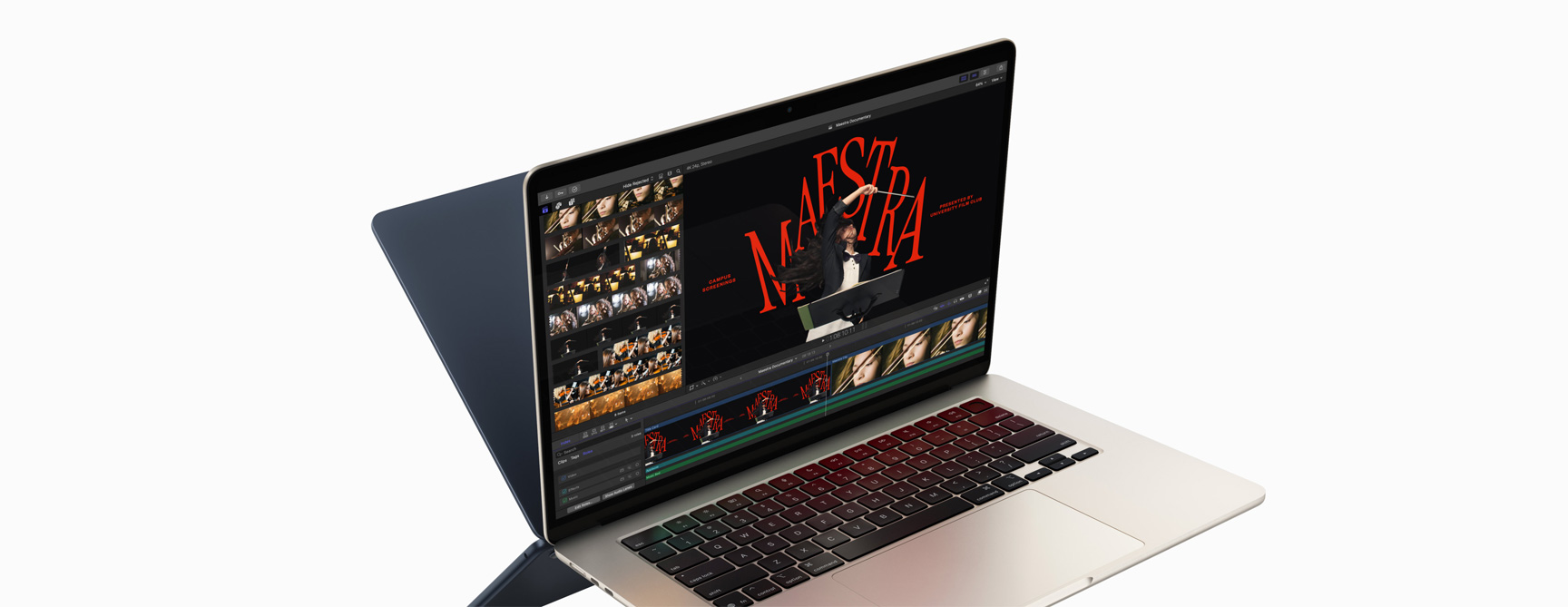 Ein MacBook Air zeigt Videobearbeitung in Final Cut Pro, um die Fähigkeiten des M4 Chip zu demonstrieren – die Rückseite eines zweiten MacBook Air erscheint hinter dem ersten, ähnlich einem Spiegelbild