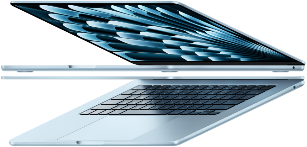 Kaksi avointa taivaansinistä MacBook Airia muodostaa nuolikuvion, joka korostaa ohutta profiilia