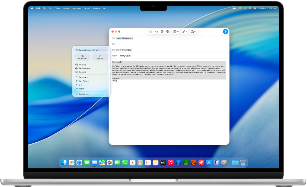 MacBook Air 화면에서 Apple Intelligence 글쓰기 도구를 사용해 이메일을 작성하는 모습