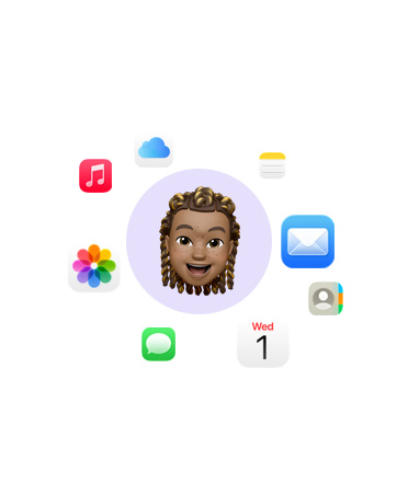 다양한 앱 아이콘으로 둘러싸인 웃는 얼굴 이모티콘. 음악, iCloud Drive, 메모, Mail, 연락처, 캘린더, 메시지, 사진