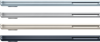 네 가지 마감으로 보여주는 MacBook Air 노트북 네 대의 옆면