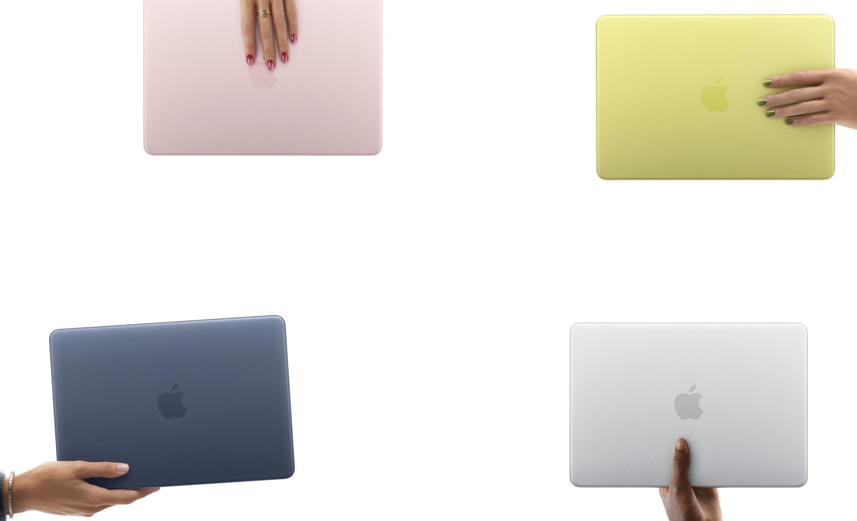 Cuatro laptops MacBook Neo en los colores rosa rubor, amarillo cítrico, índigo y plata, cada una en la mano de una persona diferente