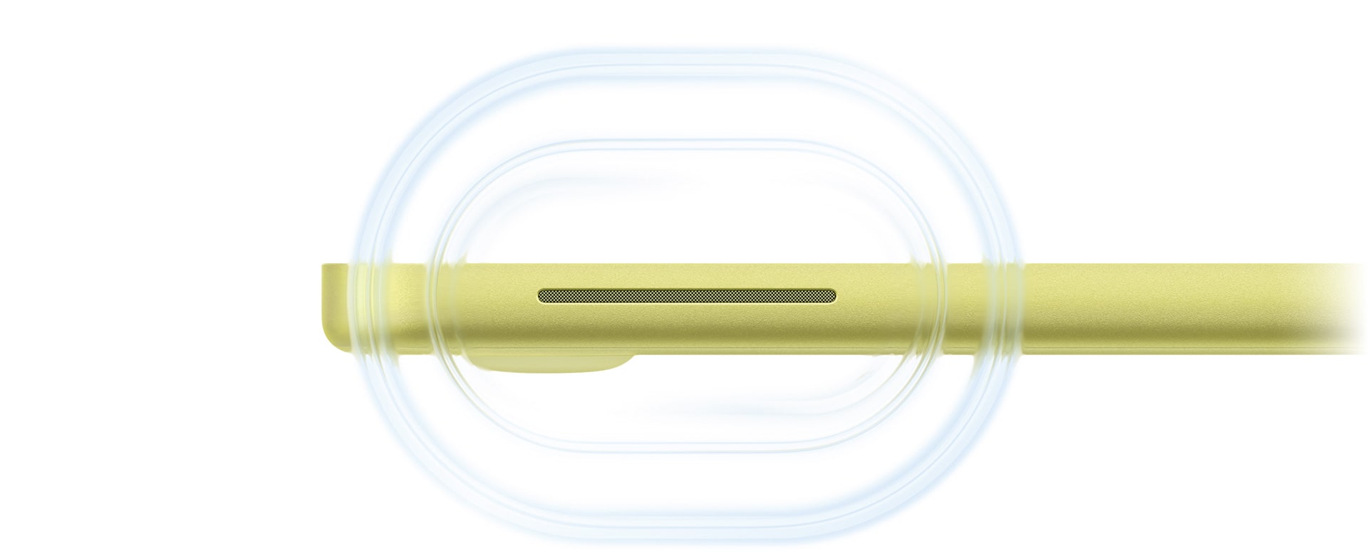 MacBook Neo, color amarillo cítrico, abierta, ondas sonoras que se propagan desde la bocina del lado derecho de la computadora cerca de la parte delantera