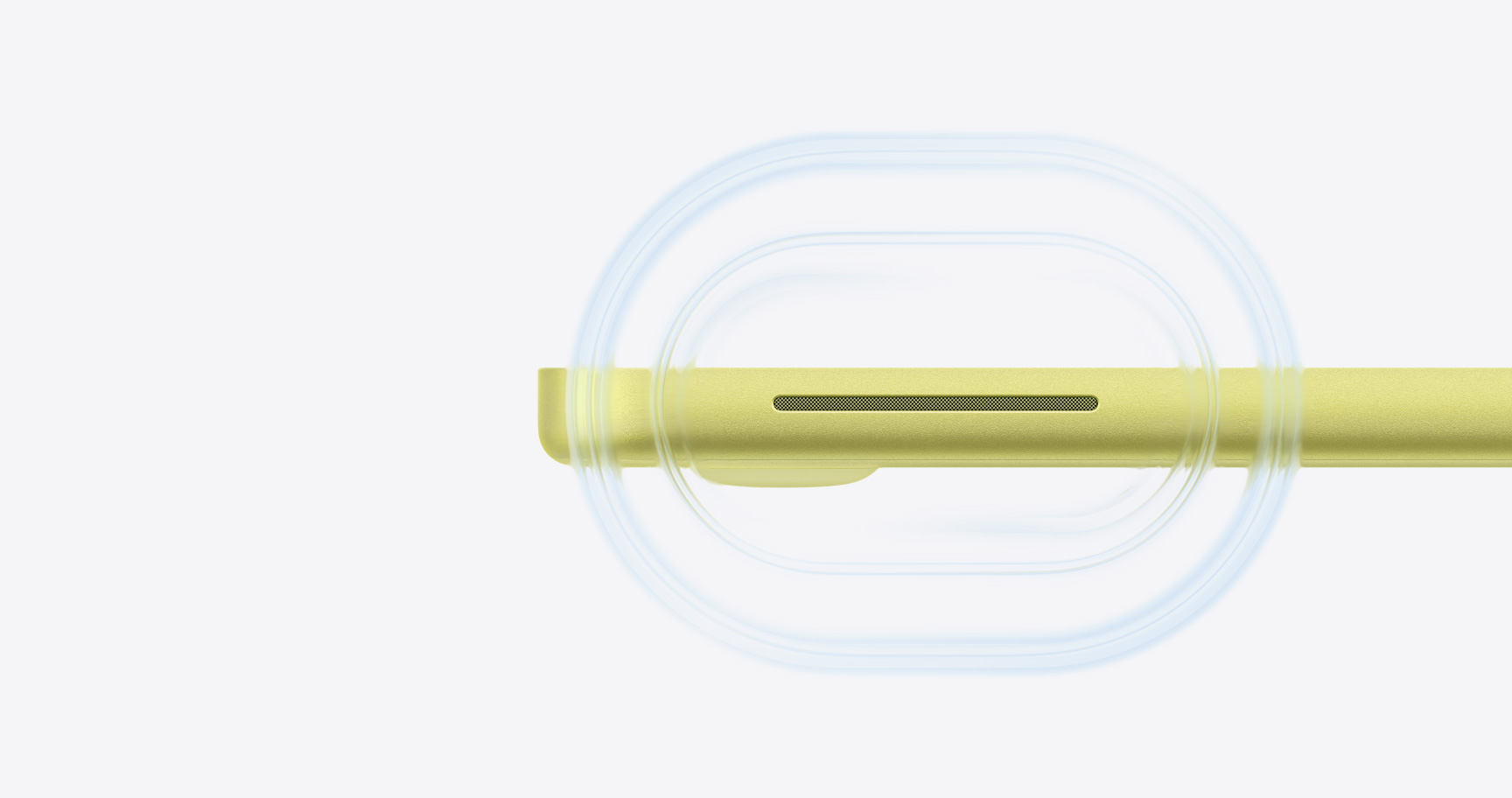 MacBook Neo, color amarillo cítrico, abierta, ondas sonoras que se propagan desde la bocina del lado derecho de la computadora cerca de la parte delantera