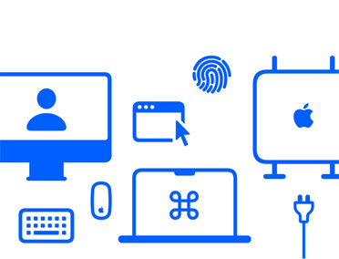 Appareils et fonctionnalités Apple, câble de recharge, portable et ordinateur de bureau Mac, clavier, souris, moniteur, fenêtre macOS, Touch ID
