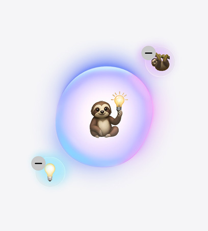Fonctionnalité Genmoji en cours d’utilisation, émoji d’un paresseux tenant une ampoule, entouré des émojis plus petits d’un paresseux et d’une ampoule