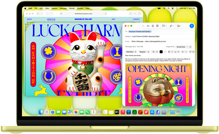 Un MacBook Neo, couleur agrume, des mains sur le clavier, courriel d’invitation à un événement sportif en cours de rédaction, site web de l’événement ouvert à côté
