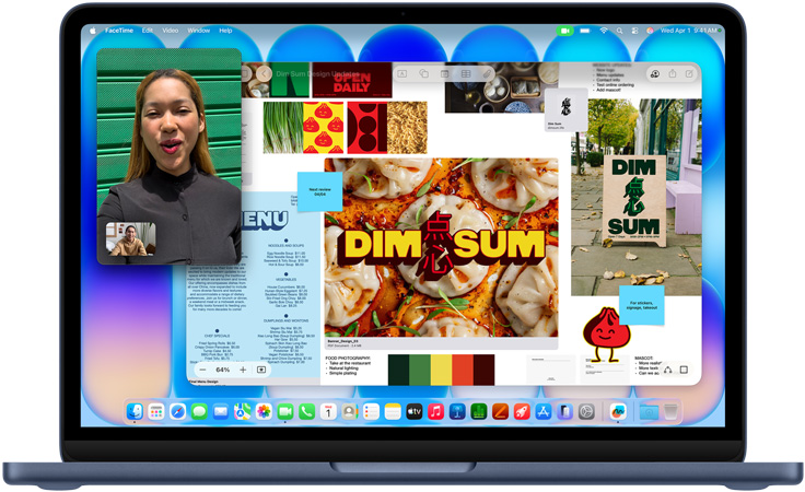 MacBook Neo, indigo, appel vidéo en cours, fenêtre Freeform avec un menu, une photo de plats et des illustrations pour un restaurant de dim sum