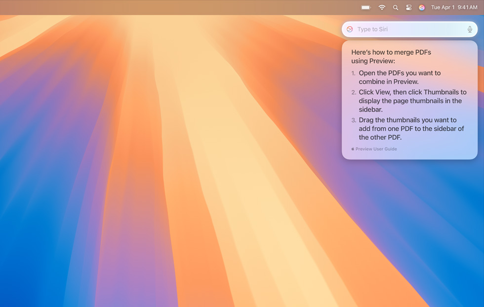 Textový dialog Siri s vyhledanými informacemi o tom, jak sloučit několik PDF.
