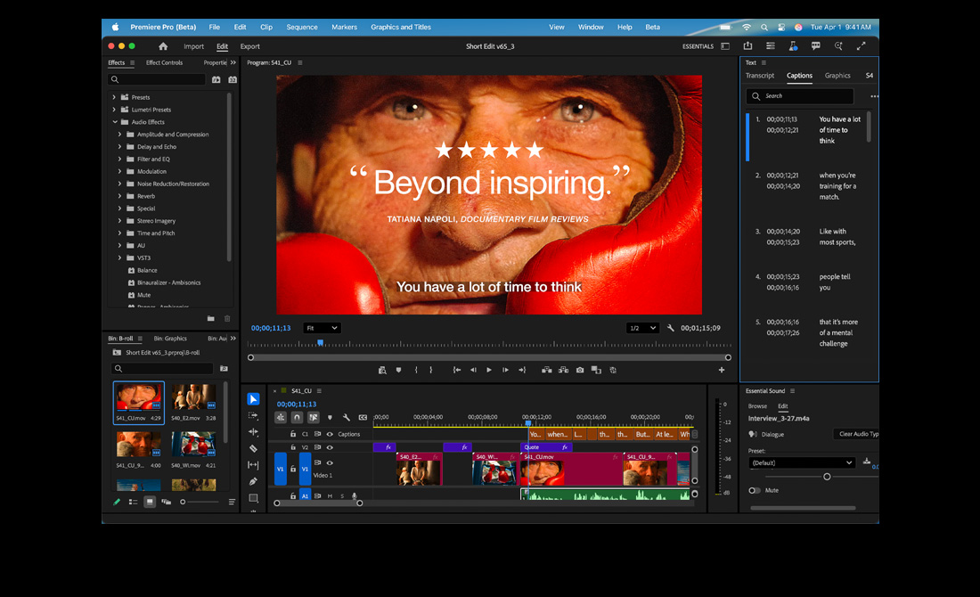 Pantalla de una MacBook Pro que muestra la edición de un video con el título Eternal Play en Adobe Premiere Pro