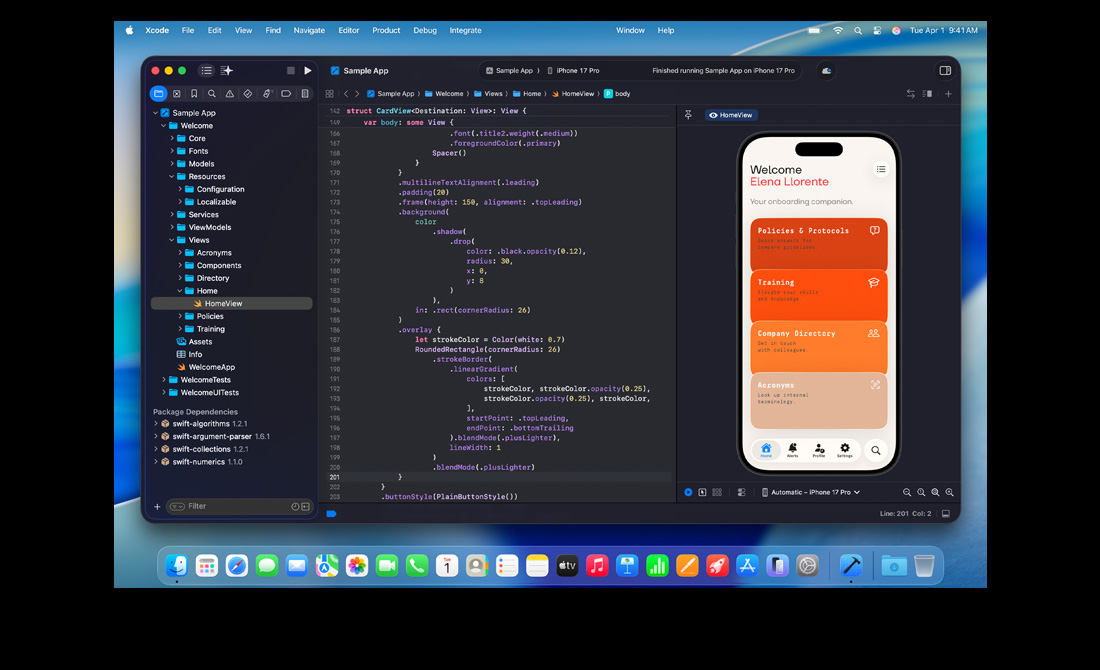 MacBook Pro screen showing a person coding an app for a multilingual hackathon in Xcode