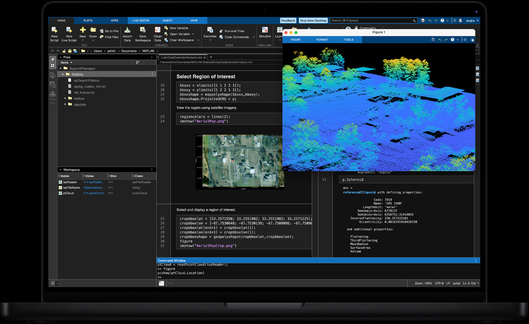 Screen of MacBook Pro of MATLAB being used for geospatial data processing and visualization
