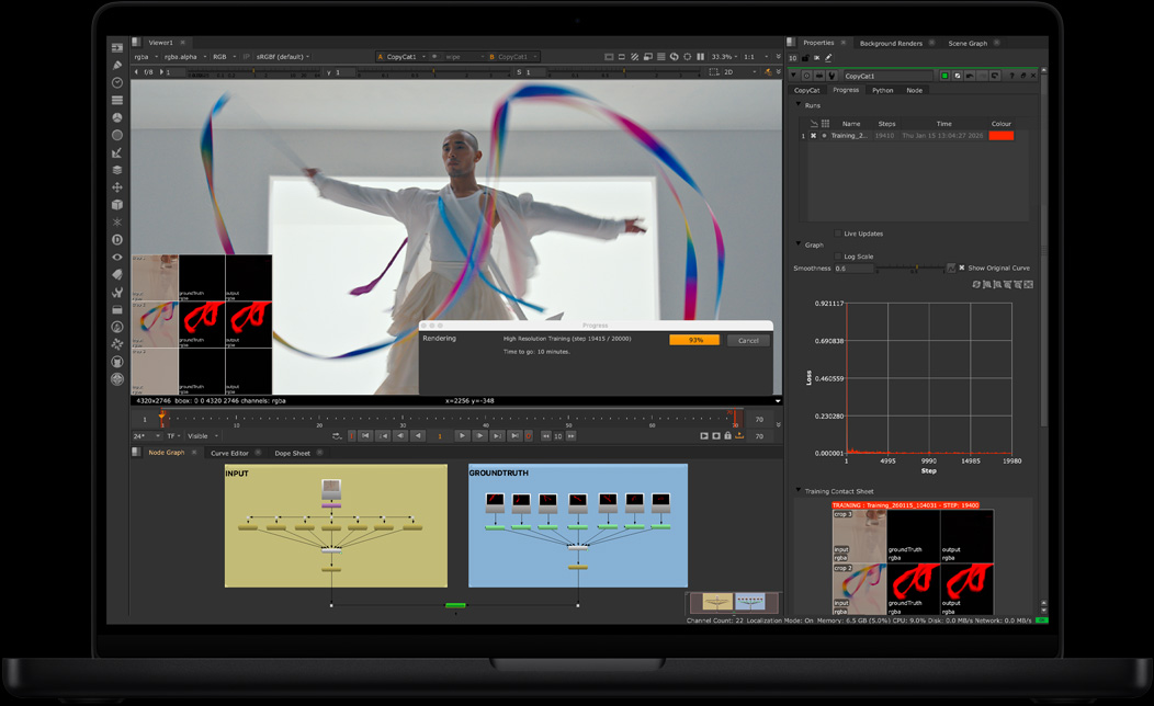 MacBook Pro screen of Foundry Nuke being used to composite a video