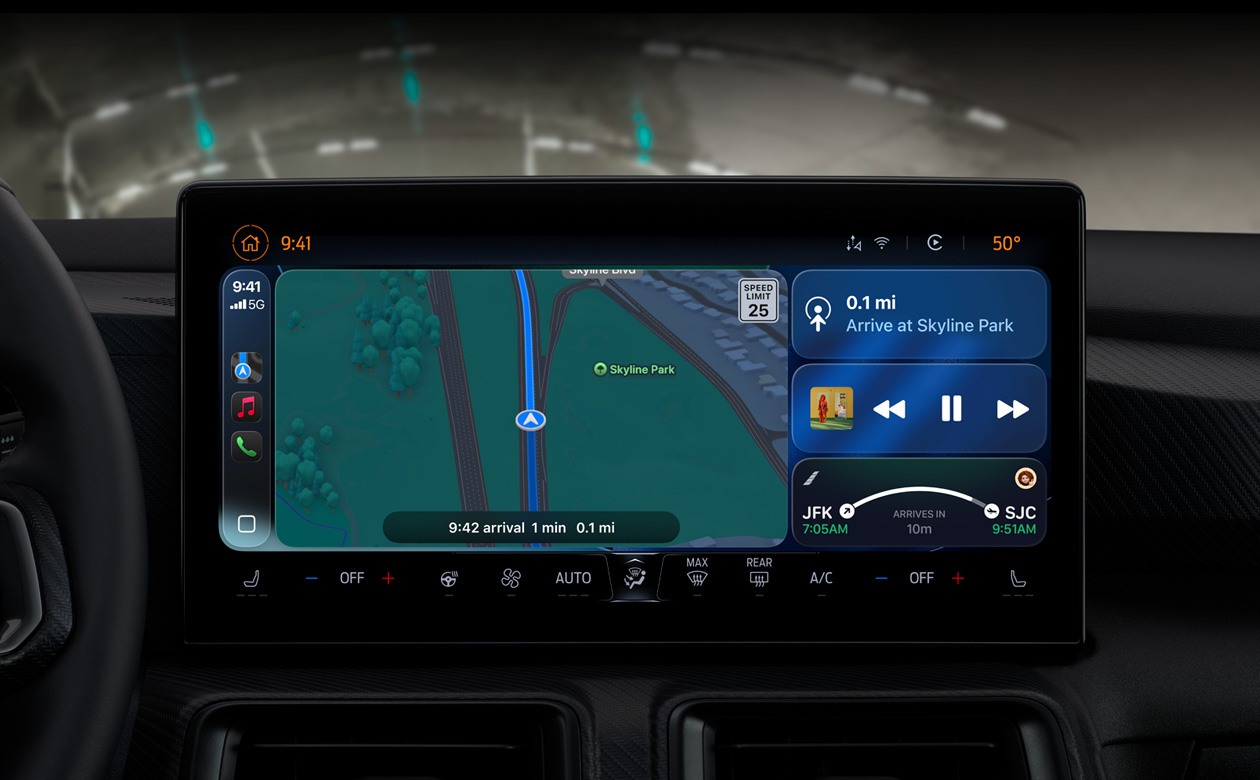 CarPlay in a car displaying directions on Maps, Apple Music, flight information, and widgets