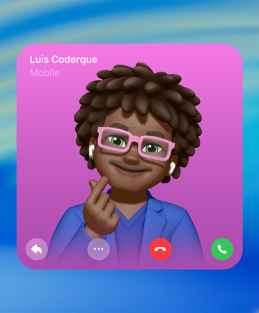 FaceTime Contact Poster, Genmoji in center, person’s name top left, icons for reply, more options, hang up, and pick up on the bottom