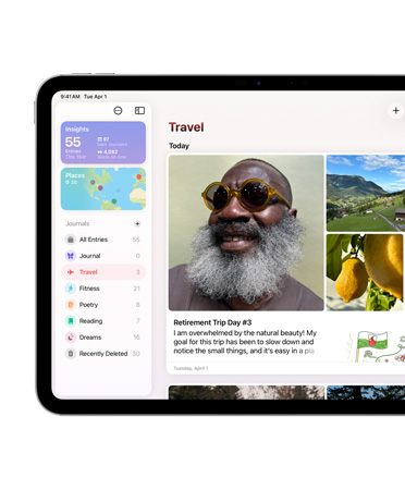 iPad, landscape orientation, left side of screen shows Journal app