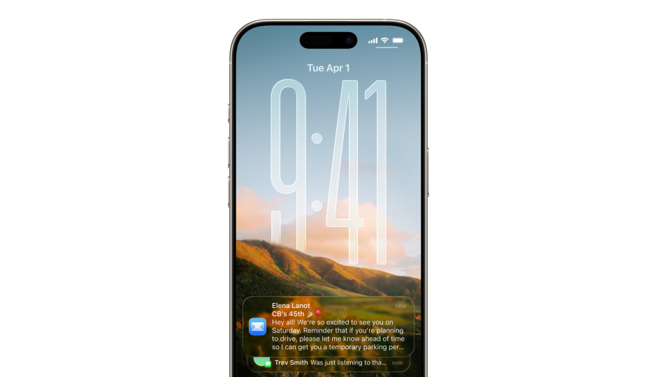 iPhone Lock Screen with photo, numerals for time in Liquid Glass, two notifications appear on bottom of screen