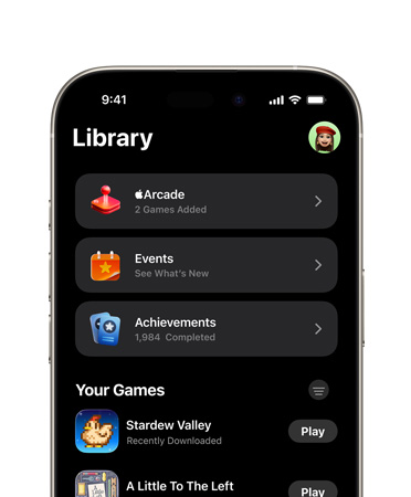 iPhone, top half of screen showing Games app layout, including Library tab, Apple Arcade, Events, Achievements, and All Games section