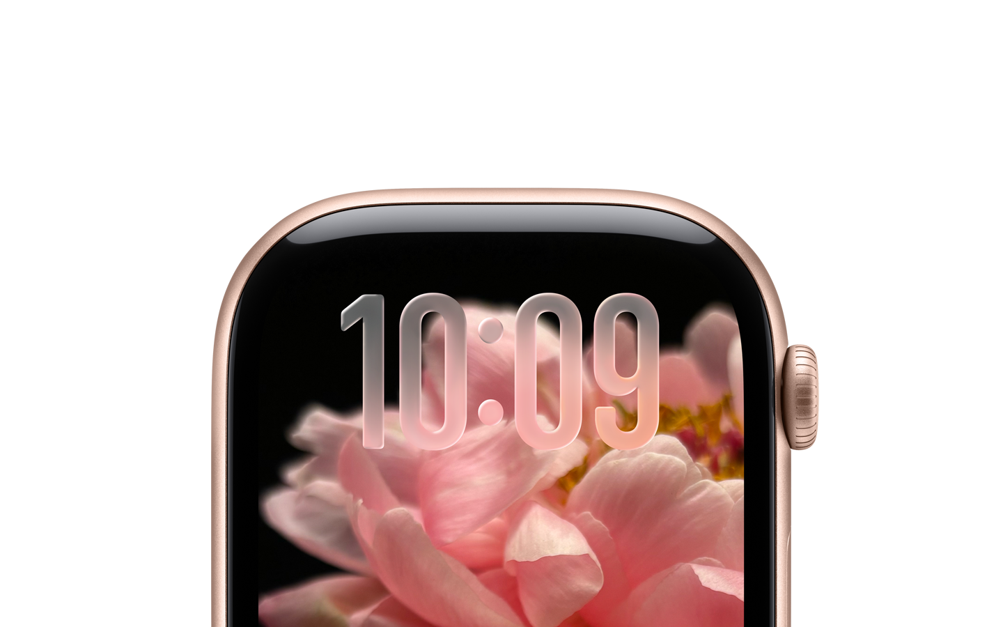 Apple Watch in Rose Gold, no band, top section of face only, translucent Liquid Glass time numerals at top
