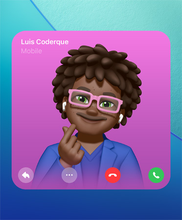 FaceTime Contact Poster, Genmoji in centre, person’s name top left, icons for reply, more options, hang up and pick up on the bottom