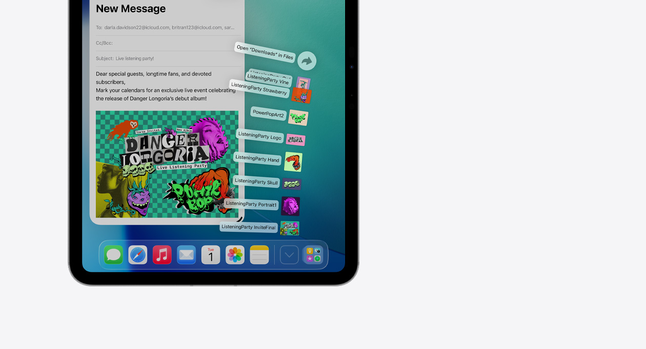 Close-up Apple device Dock app at bottom with a series of files fanning out vertically