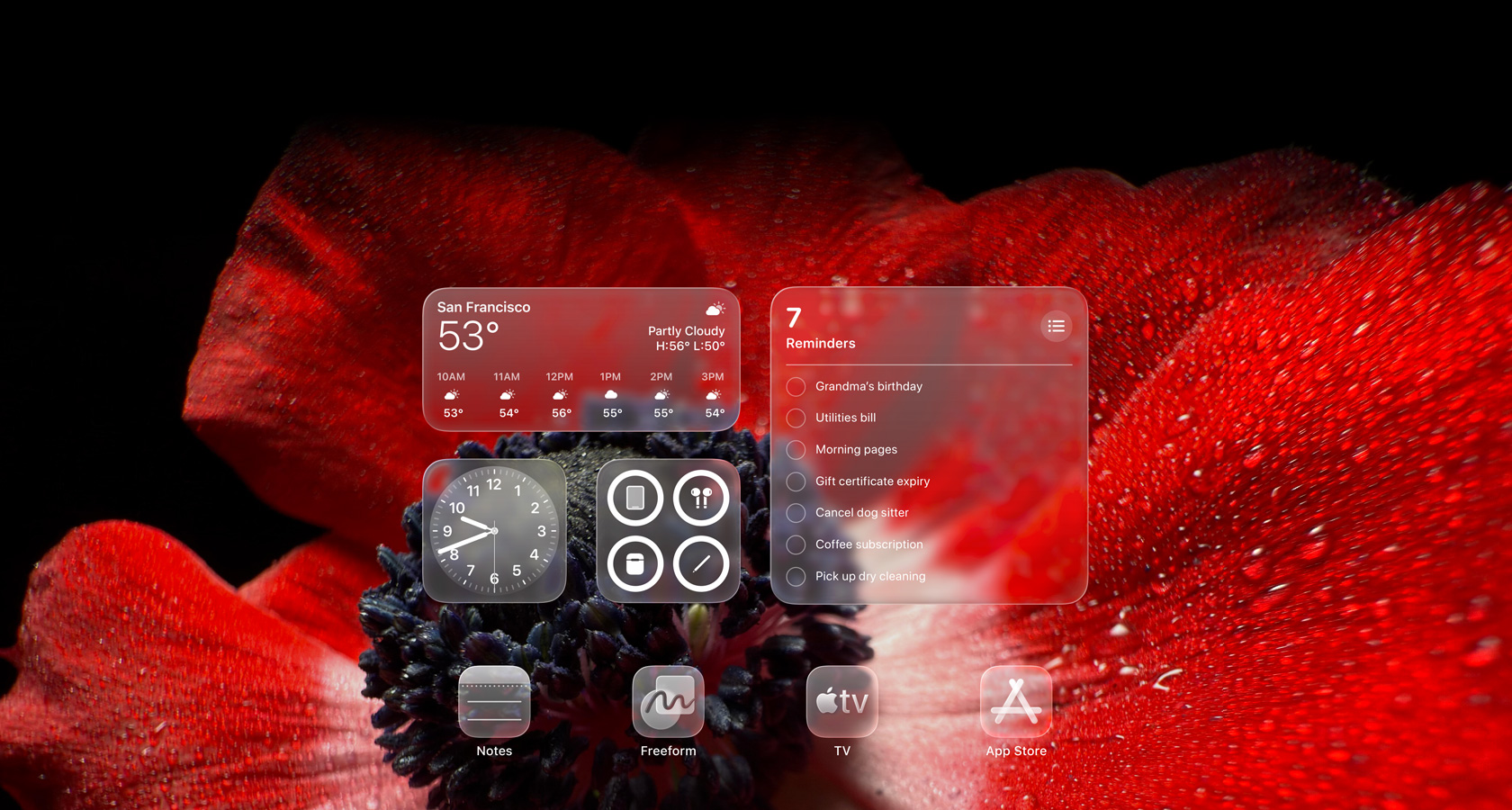 Schermata di blocco con le icone delle app Meteo, Promemoria e Orologio, tutte semitrasparenti in Liquid Glass, a rifrangere lo sfondo