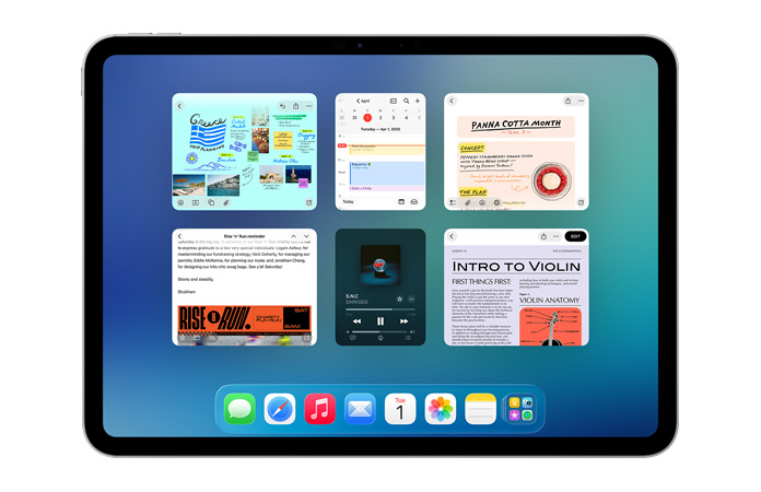 iPad, landscape orientation, screen shows six windows open in two rows, including Calendar app, Notes app, Apple Music and Safari