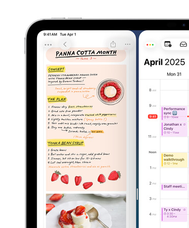 iPad, landscape orientation, top left screen shows Notes app and Calendar arranged side by side, as example of window tiling