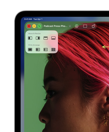 Window controls, with red button to close, yellow button to minimise and green button to zoom, plus options to move and resize or arrange your windows