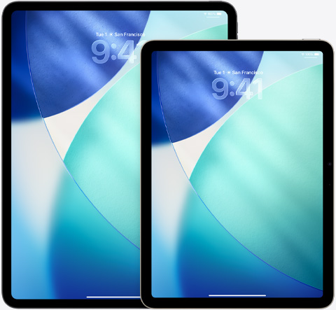 iPad and iPad Air, side by side, iPad Air in front overlapping iPad, portrait orientation, Lock Screen shows time in translucent Liquid Glass