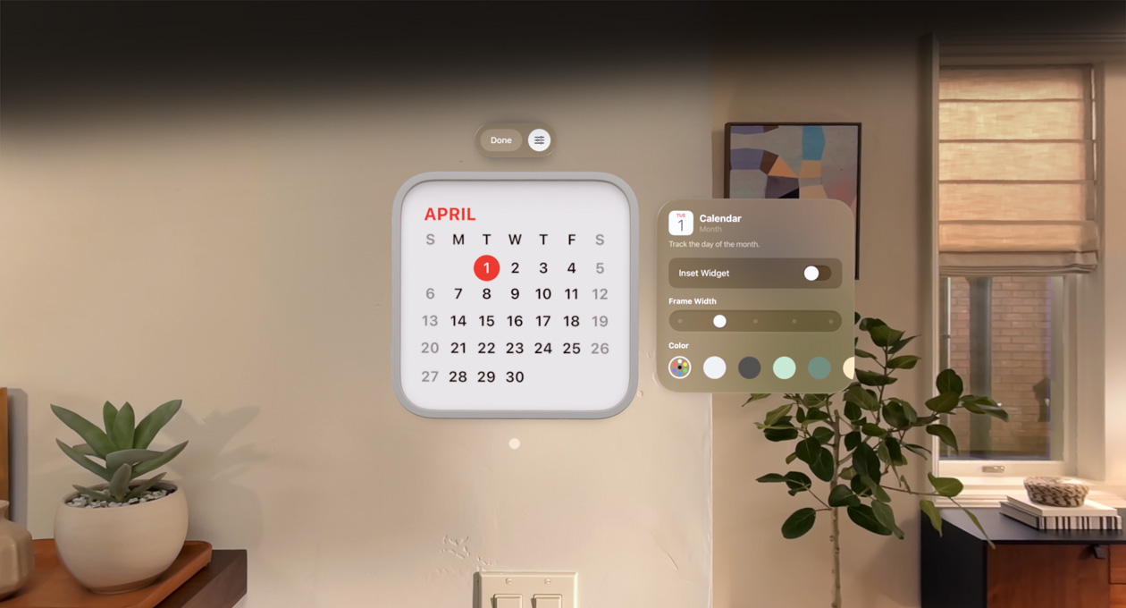 Calendar widget reading 1st April floats on wall, reminder widget above, personalisation options to change frame thickness and colour to right