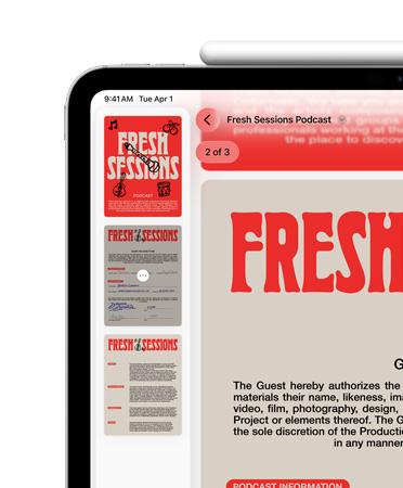 iPad w orientacji poziomej z Apple Pencil magnetycznie przyczepionym do górnej krawędzi; w lewym górnym rogu ekranu widoczny jest podgląd pliku PDF w apce Podgląd