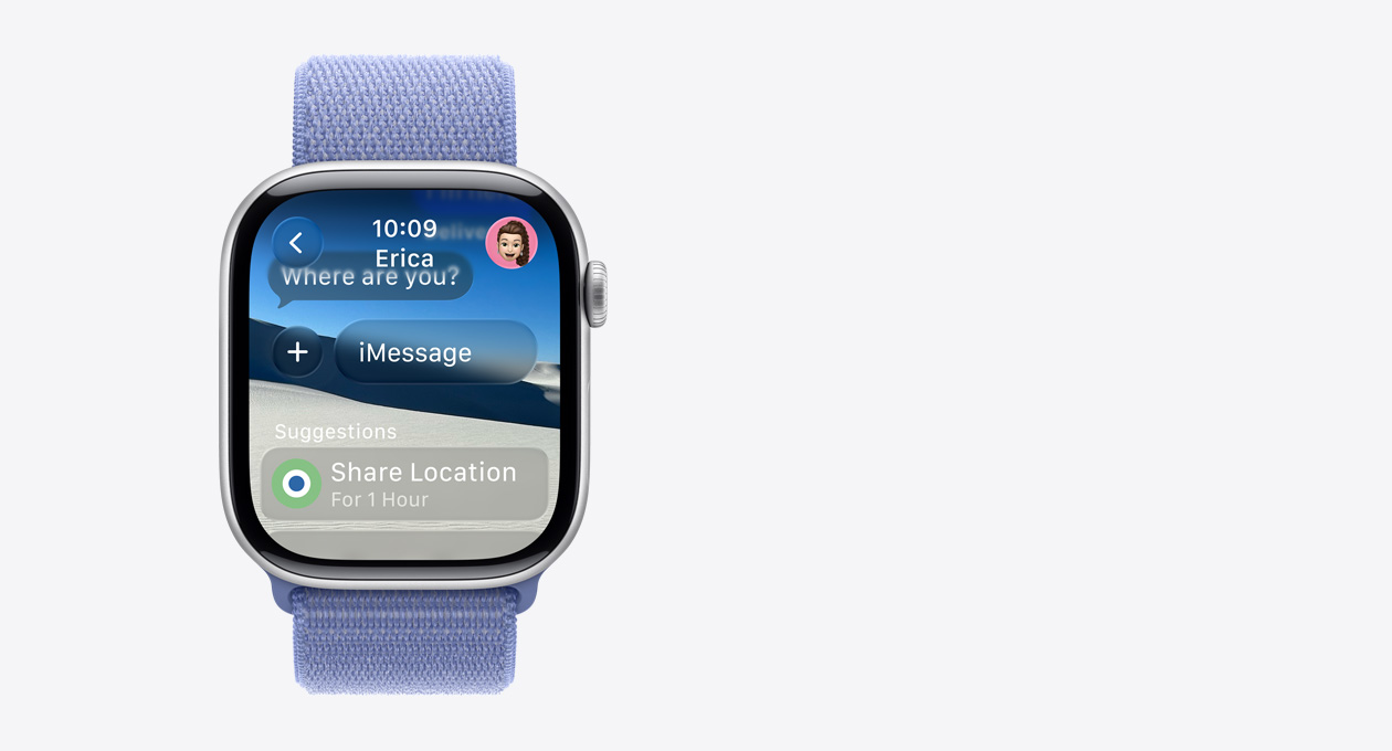 Hopeanvärinen Apple Watch, talvionsininen ranneke, näytön läpikuultavassa viestissä lukee Where are you?, alla älykkään toiminnon ehdotus sijainnin jakamisesta tunnin ajaksi