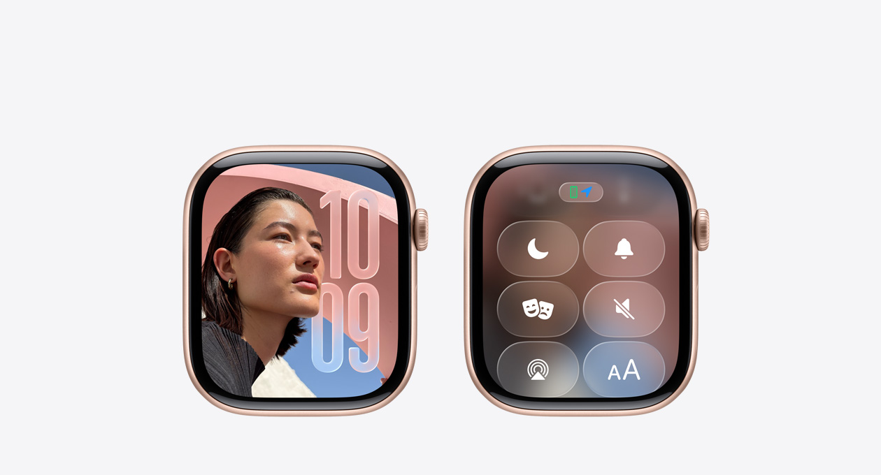 Ruusukullan värinen Apple Watch ilman ranneketta, kellotaulun näytöllä taustan päällä on läpikuultavia Liquid Glass ‑kuvakkeita. Ne esittelevät watchOS 26:n uutta Liquid Glass ‑käyttöliittymää