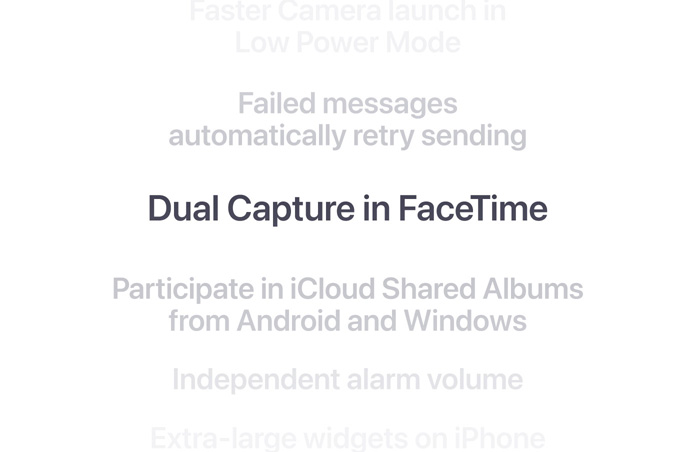 A vertical list of features, with “Dual Capture in FaceTime” displayed in bold at the center. Surrounding features fade into the background above and below.