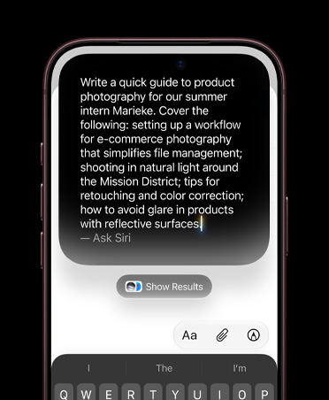 iPhone screen showing detailed typed prompt for Write with Siri to create a draft