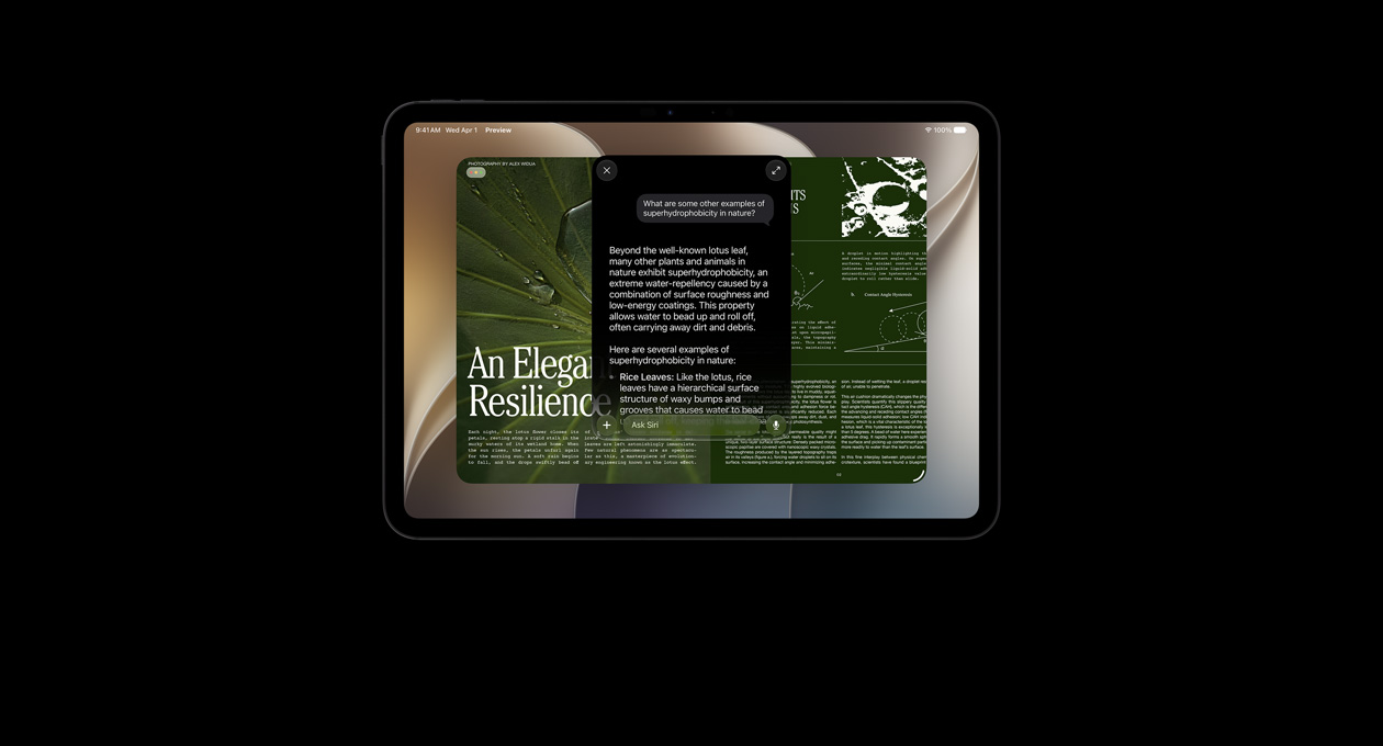 iPad Pro 11, Space Black, screen shows result of query to Siri AI for information about a topic, overlaid with query to Siri AI about the retrieved information, Siri response appears