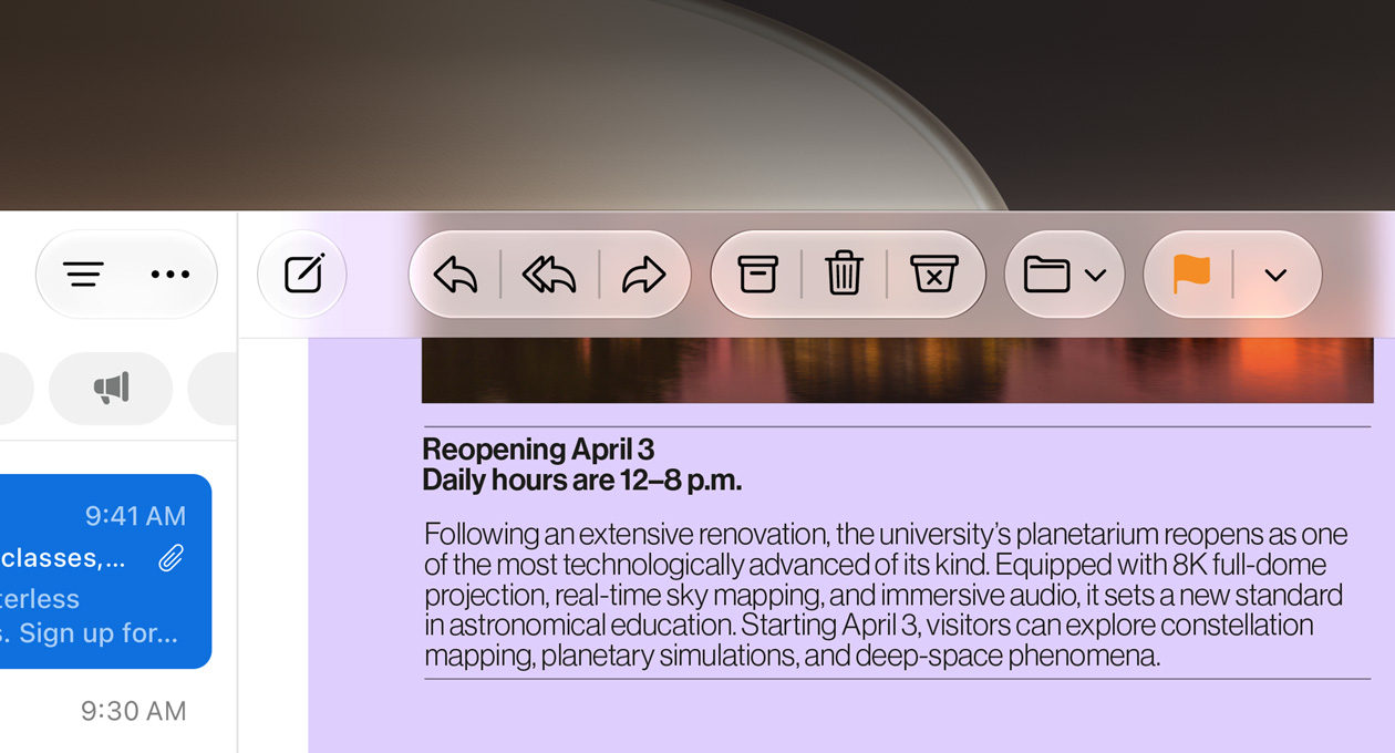 Closeup of Mail app, a university newsletter's text and the Mail app's buttons are incredibly clear and appear to have unique texture