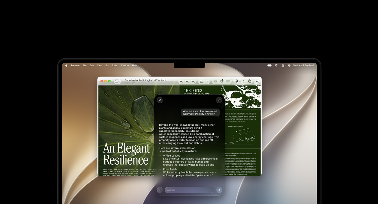 MacBook Pro, 14-inch, Space Black, screen displaying a report titled An Elegant Resilience and a query for Siri with responses