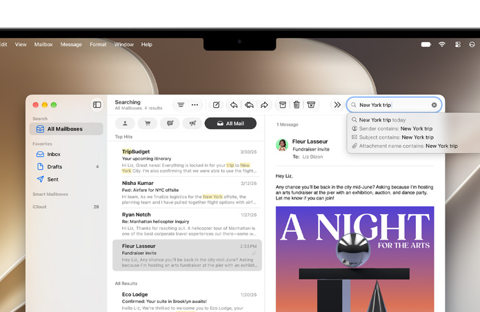Mail app open on a MacBook screen, emails regarding a New York trip are listed, words New, York, and trip highlighted in yellow where they appear in each email