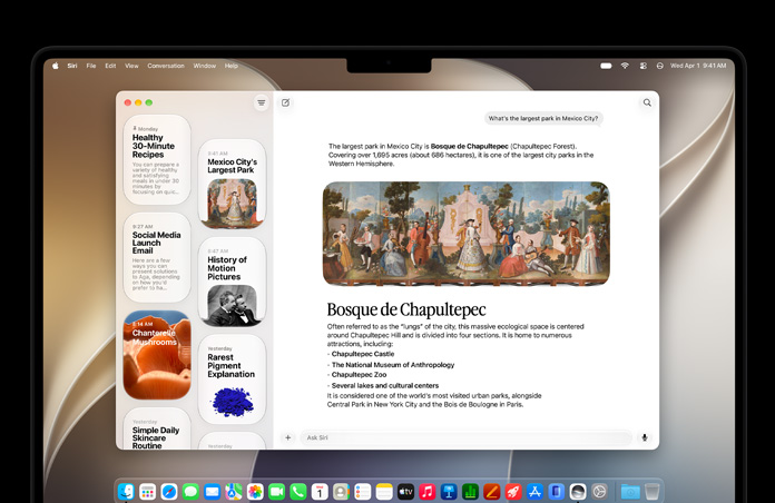 14-inch MacBook Pro in Space Black, screen shows Siri app displaying an active Siri AI conversation and previous conversations in sidebar.