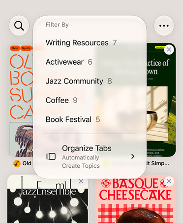 iPhone Safari browser, displaying the Filter menu with categories like Writing Resources, Activewear, Jazz Community, Coffee, and Book Festival, with Automatically Organize option selected