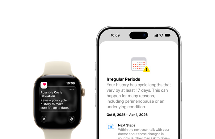 Health app Cycle Tracking update of Possible Cycle Deviation on Apple Watch Series 12 Sand Sport Band with Aluminum Light Gold case and iPhone 18 Pro