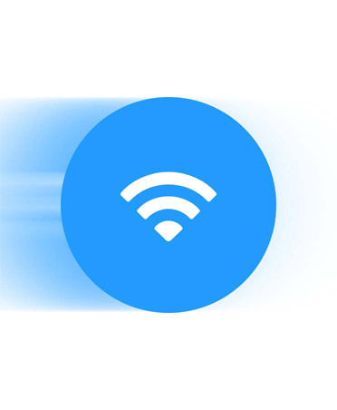 Blue Wi-Fi icon with a blue streak behind it signifying faster connection