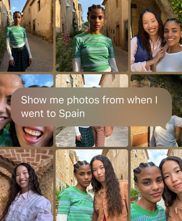 Collage of photos from a trip, featuring multiple individuals in various settings. Overlay text reads: Show me photos from the last time I went to Spain