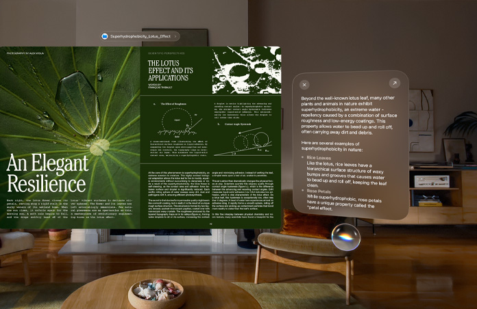 Apple Vision Pro view of a report on the left and a query for Siri with responses on the right