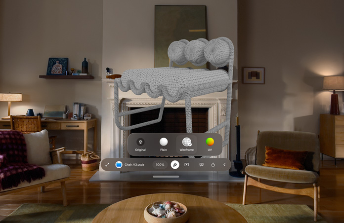 Apple Vision Pro view showing a Quick Look notification window referencing a USDZ file of a chair, a wireframe of a chair is visible behind the window